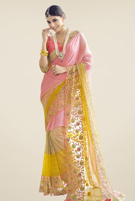 Triveni Pink & Yellow Embroidered Faux Georgette Net Saree Triveni Pink & Yellow Embroidered Faux Georgette Net Saree