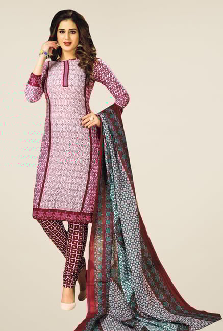 Salwar Studio White & Maroon Printed Dress Material Salwar Studio White & Maroon Printed Dress Material