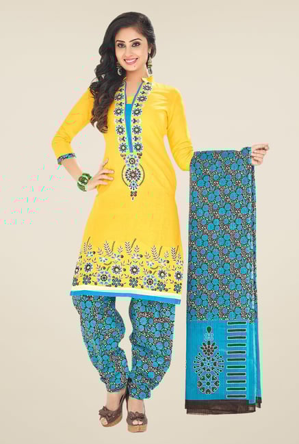 Salwar Studio Yellow & Blue Floral Print Unstitched Patiala Suit Salwar Studio Yellow & Blue Floral Print Unstitched Patiala Suit
