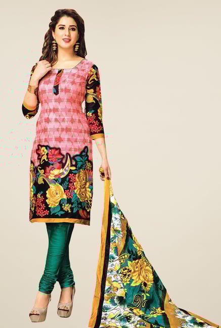 Salwar Studio Coral & Green Floral Print Dress Material Salwar Studio Coral & Green Floral Print Dress Material
