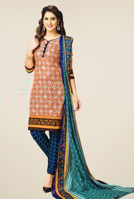 Salwar Studio Orange & Blue Printed Dress Material Salwar Studio Orange & Blue Printed Dress Material