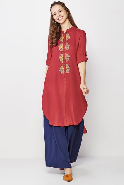 Global Desi Dark Red Embroidered Kurti Global Desi Dark Red Embroidered Kurti