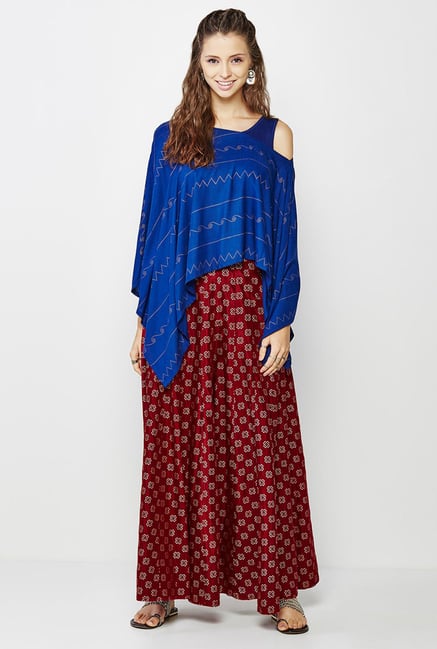 Global Desi Blue & Maroon Printed Kurta And Palazzo Set Global Desi Blue & Maroon Printed Kurta And Palazzo Set
