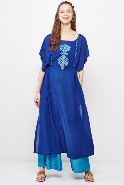 Global Desi Blue Embroidered Kurta And Palazzo Set Global Desi Blue Embroidered Kurta And Palazzo Set