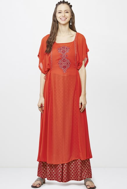 Global Desi Rust & Maroon Embroidered Kurta And Palazzo Set Global Desi Rust & Maroon Embroidered Kurta And Palazzo Set