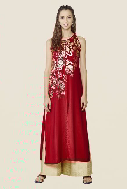 Global Desi Red & Beige Printed Kurta And Palazzo Set Global Desi Red & Beige Printed Kurta And Palazzo Set