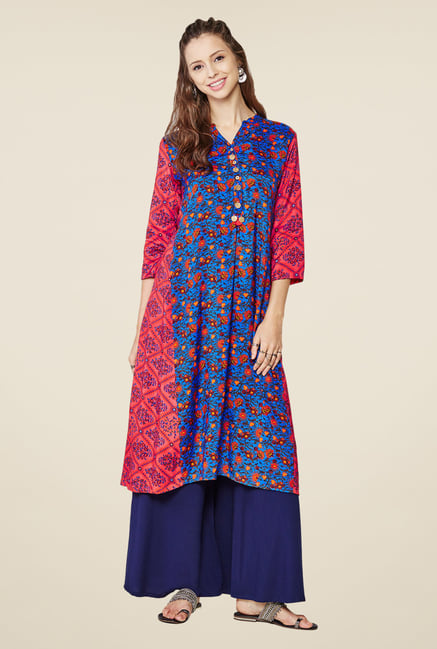 Global Desi Blue & Peach Printed Kurta Global Desi Blue & Peach Printed Kurta