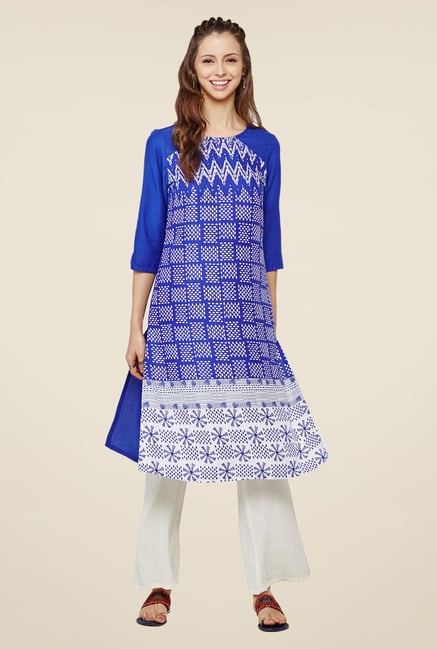 Global Desi Blue & White Printed Kurta Global Desi Blue & White Printed Kurta