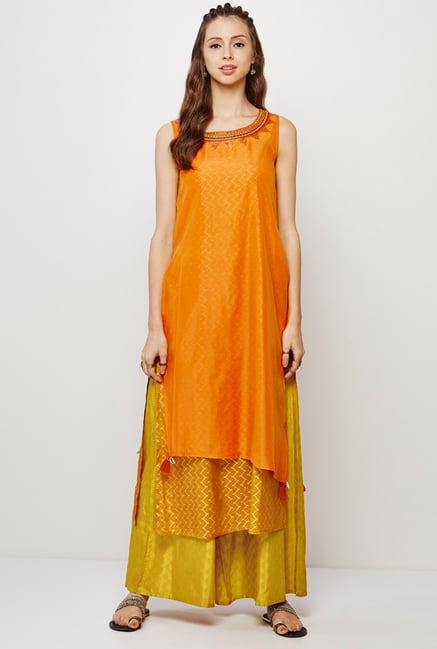 Global Desi Orange & Yellow Printed Kurta And Palazzo Set Global Desi Orange & Yellow Printed Kurta And Palazzo Set