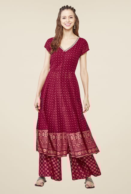 Global Desi Maroon Printed Kurta And Palazzo Set Global Desi Maroon Printed Kurta And Palazzo Set