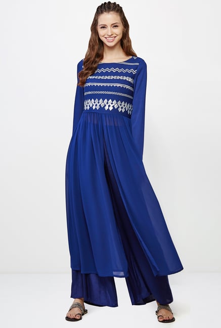 Global Desi Blue Embellished Kurta And Palazzo Set Global Desi Blue Embellished Kurta And Palazzo Set