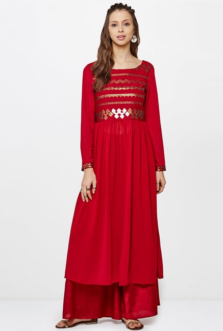 Global Desi Maroon Embellished Kurta And Palazzo Set Global Desi Maroon Embellished Kurta And Palazzo Set