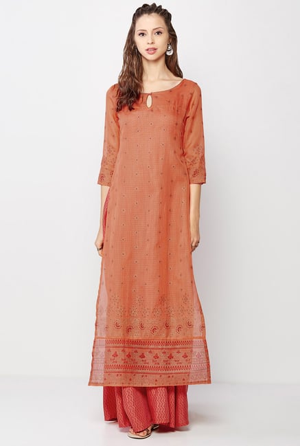 Global Desi Orange Embroidered Kurta And Palazzo Set Global Desi Orange Embroidered Kurta And Palazzo Set