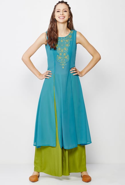 Global Desi Blue & Green Embroidered Kurta And Palazzo Set Global Desi Blue & Green Embroidered Kurta And Palazzo Set