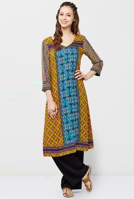 Global Desi Mustard & Blue Printed Kurta Global Desi Mustard & Blue Printed Kurta