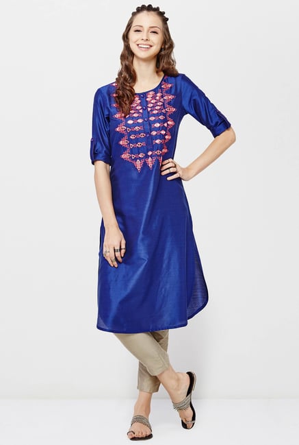Global Desi Blue Embroidered Kurti Global Desi Blue Embroidered Kurti