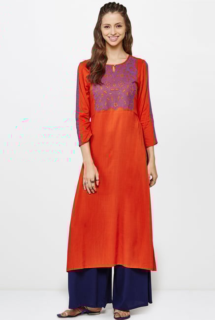 Global Desi Orange Embroidered Kurta Global Desi Orange Embroidered Kurta