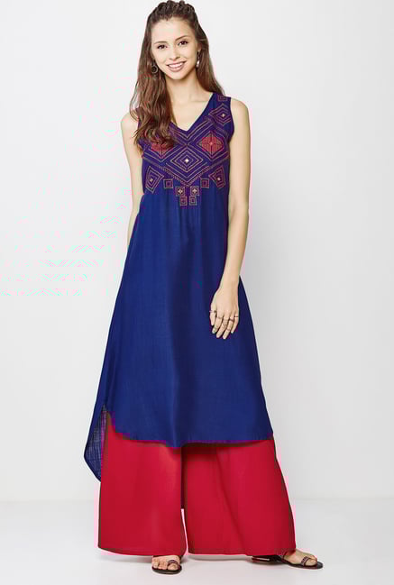 Global Desi Navy Embroidered Kurta Global Desi Navy Embroidered Kurta
