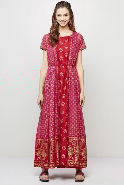 Global Desi Pink & Red Printed Kurta And Jacket Set Global Desi Pink & Red Printed Kurta And Jacket Set