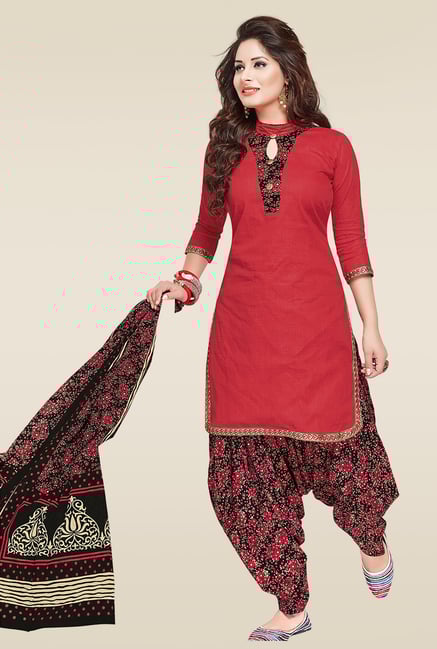 Ishin Red & Black Printed Dress Material Ishin Red & Black Printed Dress Material