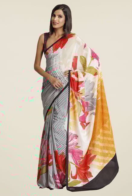 Satya Paul Off White Crepe Saree Satya Paul Off White Crepe Saree