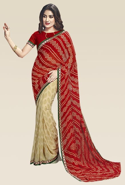 Ishin Beige & Red Printed Saree Ishin Beige & Red Printed Saree
