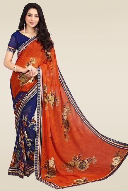 Ishin Blue & Orange Printed Ethnic Saree Ishin Blue & Orange Printed Ethnic Saree