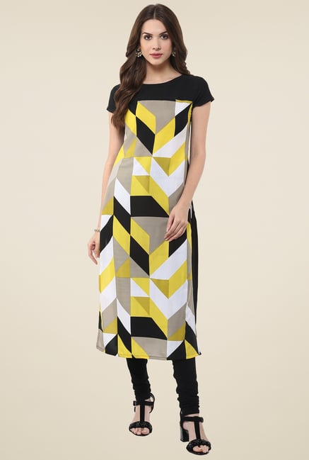 Janasya Yellow Printed Round Neck Kurti Janasya Yellow Printed Round Neck Kurti