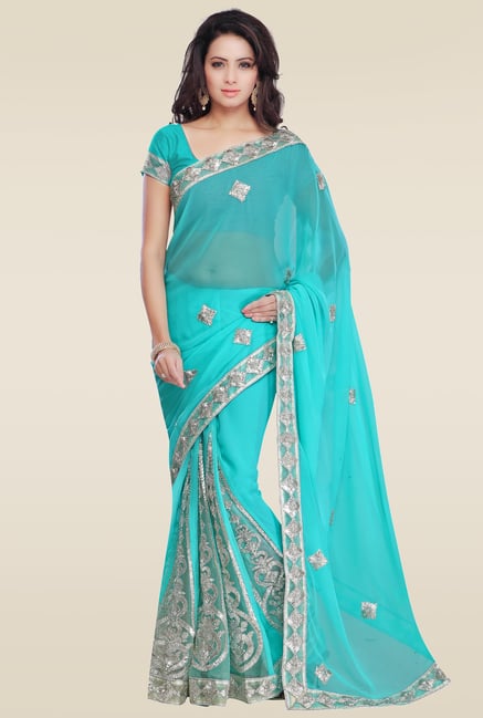 Janasya Turquoise Chiffon Saree Janasya Turquoise Chiffon Saree