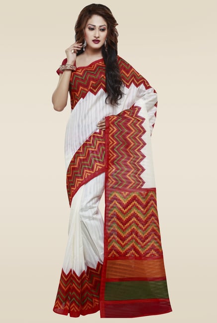 Janasya Red & White Ethnic Saree Janasya Red & White Ethnic Saree