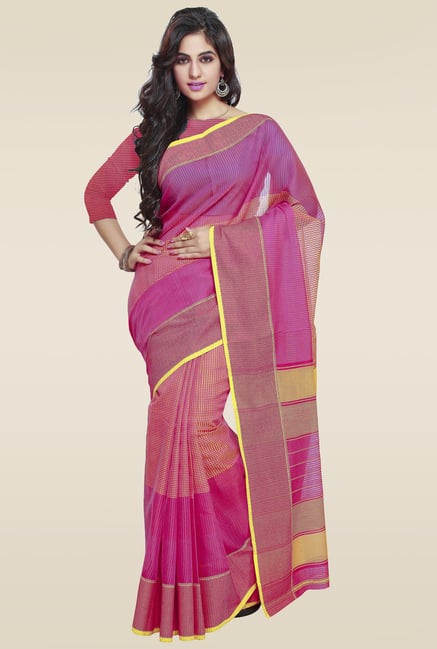 Janasya Pink Weaved Saree with Blouse Janasya Pink Weaved Saree with Blouse