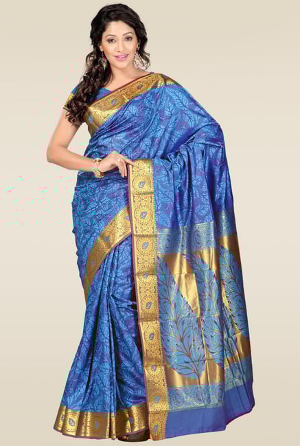 Janasya Blue Foil Print Kanjivaram Saree Janasya Blue Foil Print Kanjivaram Saree