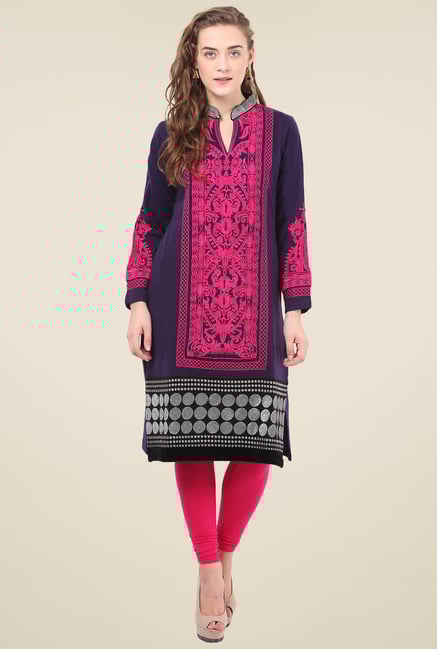 Duke Purple Embroidered Mandarin Collar Kurti Duke Purple Embroidered Mandarin Collar Kurti