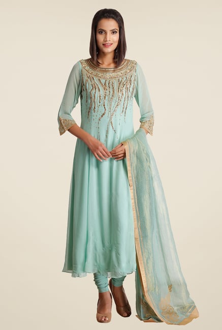 Satya Paul Turquoise Embellished Suit Set Satya Paul Turquoise Embellished Suit Set