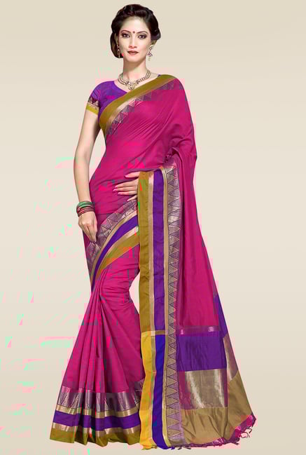 Ishin Pink Woven Zari Border Saree With Blouse Ishin Pink Woven Zari Border Saree With Blouse