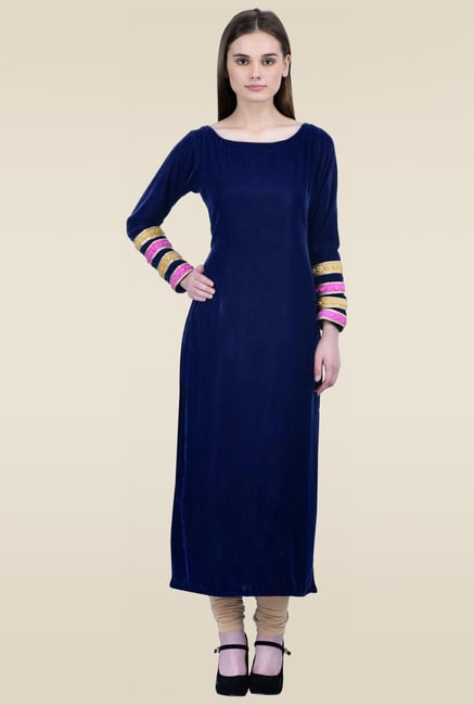 Ahalyaa Navy Boat Neck Velvet Kurti Ahalyaa Navy Boat Neck Velvet Kurti