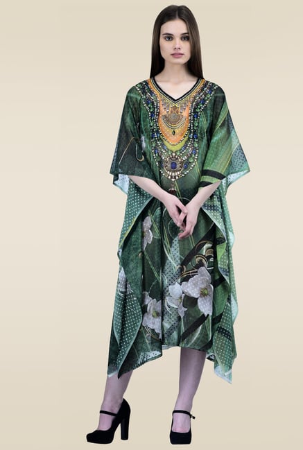 Ahalyaa Green V-Neck Regular Fit Kaftan Ahalyaa Green V-Neck Regular Fit Kaftan