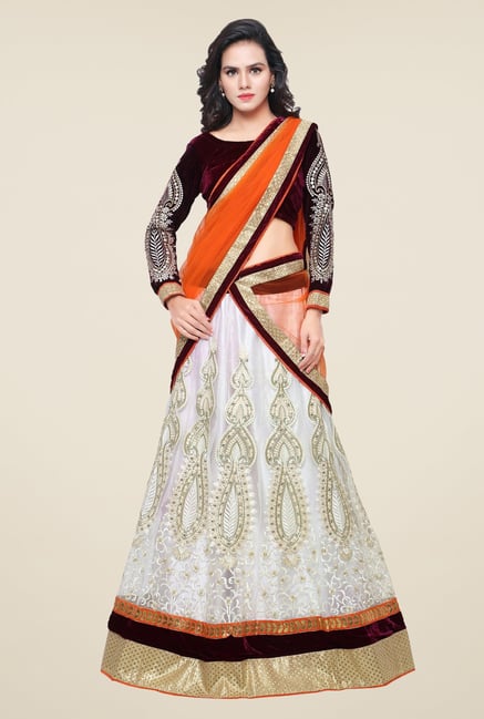 Triveni White & Maroon Embroidered Lehenga Choli Triveni White & Maroon Embroidered Lehenga Choli