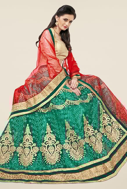Triveni Green & Gold Solid Lehenga Choli Triveni Green & Gold Solid Lehenga Choli