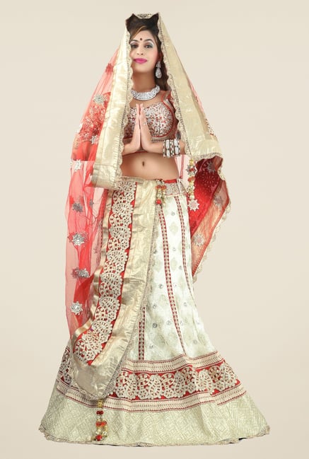 Triveni Cream & Red Embroidered Lehenga Choli Triveni Cream & Red Embroidered Lehenga Choli