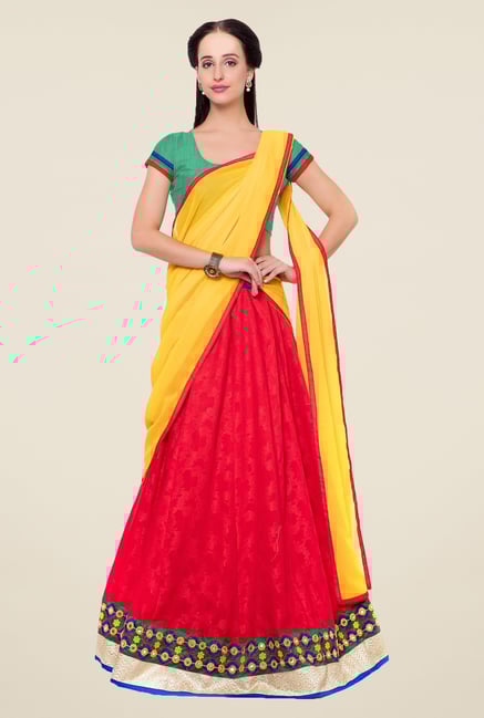Triveni Red & Green Solid Lehenga Choli Triveni Red & Green Solid Lehenga Choli