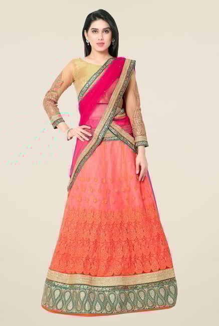 Triveni Orange & Gold Embroidered Lehenga Choli Triveni Orange & Gold Embroidered Lehenga Choli