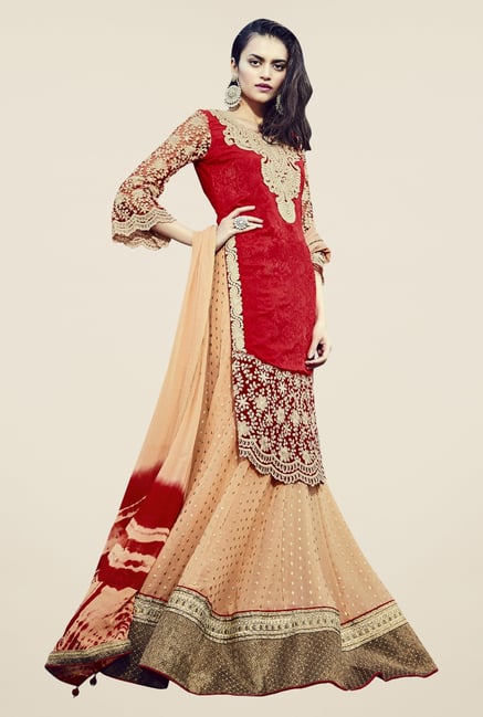 Triveni Peach & Maroon Embroidered Lehenga Choli Triveni Peach & Maroon Embroidered Lehenga Choli