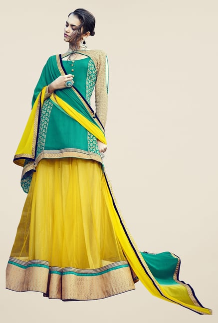 Triveni Yellow & Teal Embroidered Lehenga Choli Triveni Yellow & Teal Embroidered Lehenga Choli