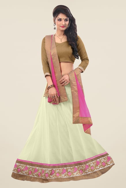 Triveni Cream & Olive Striped Lehenga Choli Triveni Cream & Olive Striped Lehenga Choli