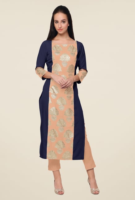 Ahalyaa Peach & Navy Printed Kurta Ahalyaa Peach & Navy Printed Kurta