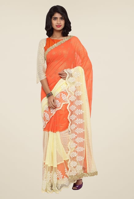 Triveni Orange Embroidered Faux Georgette Net Saree Triveni Orange Embroidered Faux Georgette Net Saree