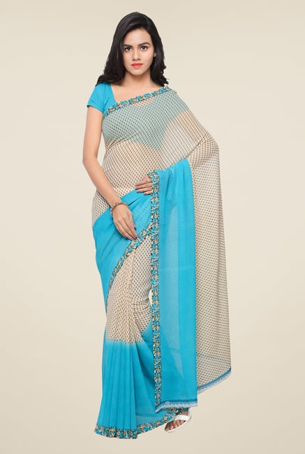 Triveni Turquoise & Beige Printed Faux Georgette Saree Triveni Turquoise & Beige Printed Faux Georgette Saree