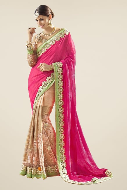 Triveni Peach & Pink Half & Half Faux Georgette Net Saree Triveni Peach & Pink Half & Half Faux Georgette Net Saree