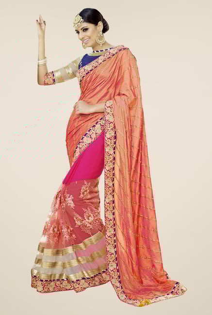 Triveni Pink & Orange Embroidered Saree Triveni Pink & Orange Embroidered Saree